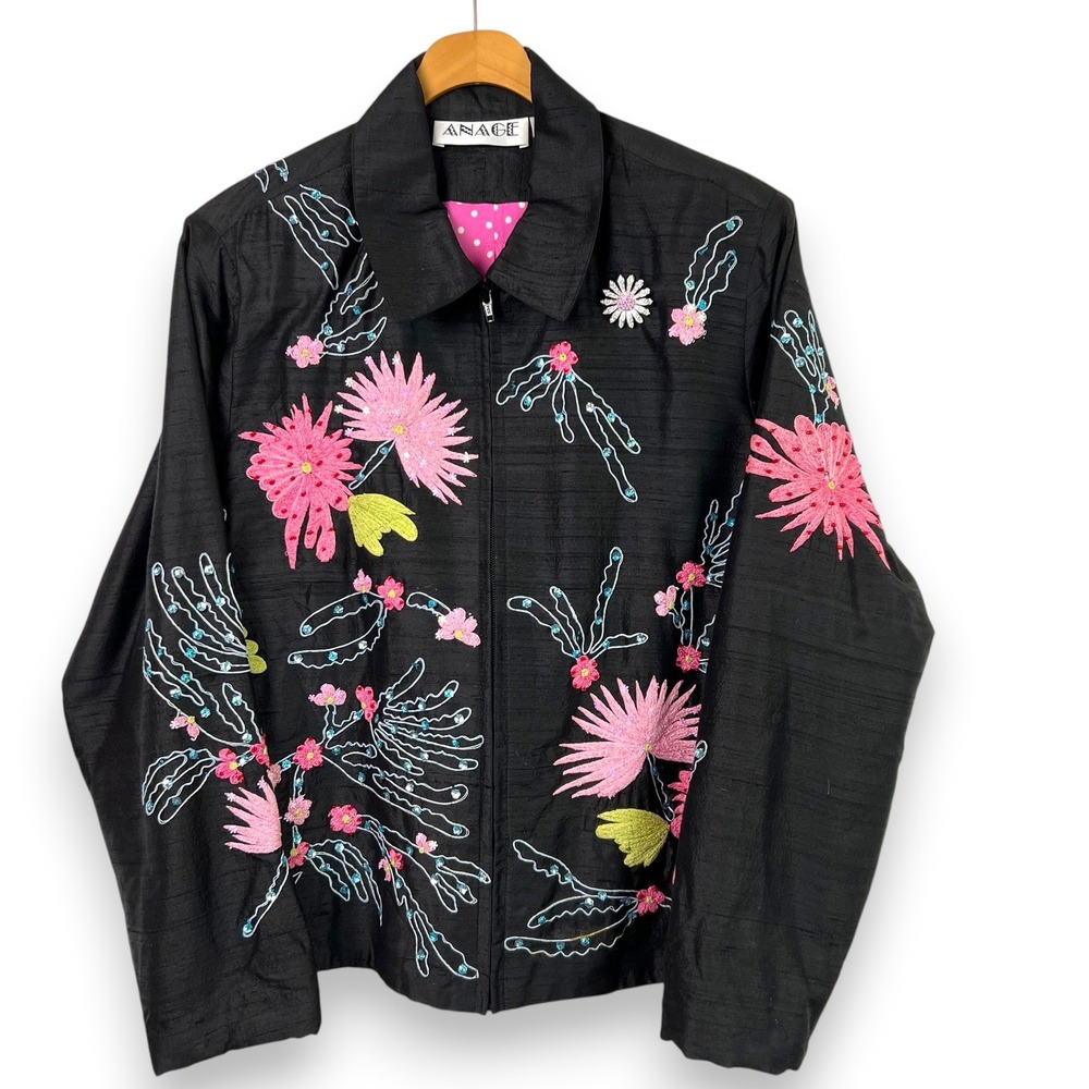 READ Anage Floral Embroidered Silk Jacket Women Large Black Pink Boho Maximalist
